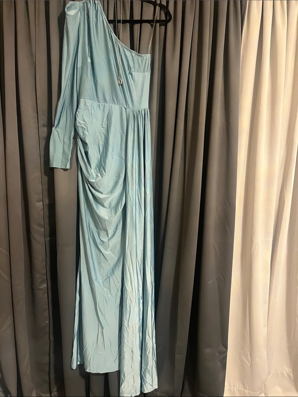 One-Shoulder Light Blue Draped Evening Gown